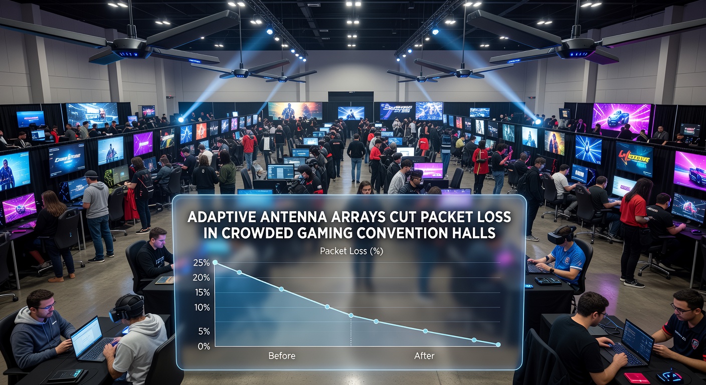 Adaptive antenna arrays deployed across a crowded gaming convention hall with multiple attendees using wireless devices