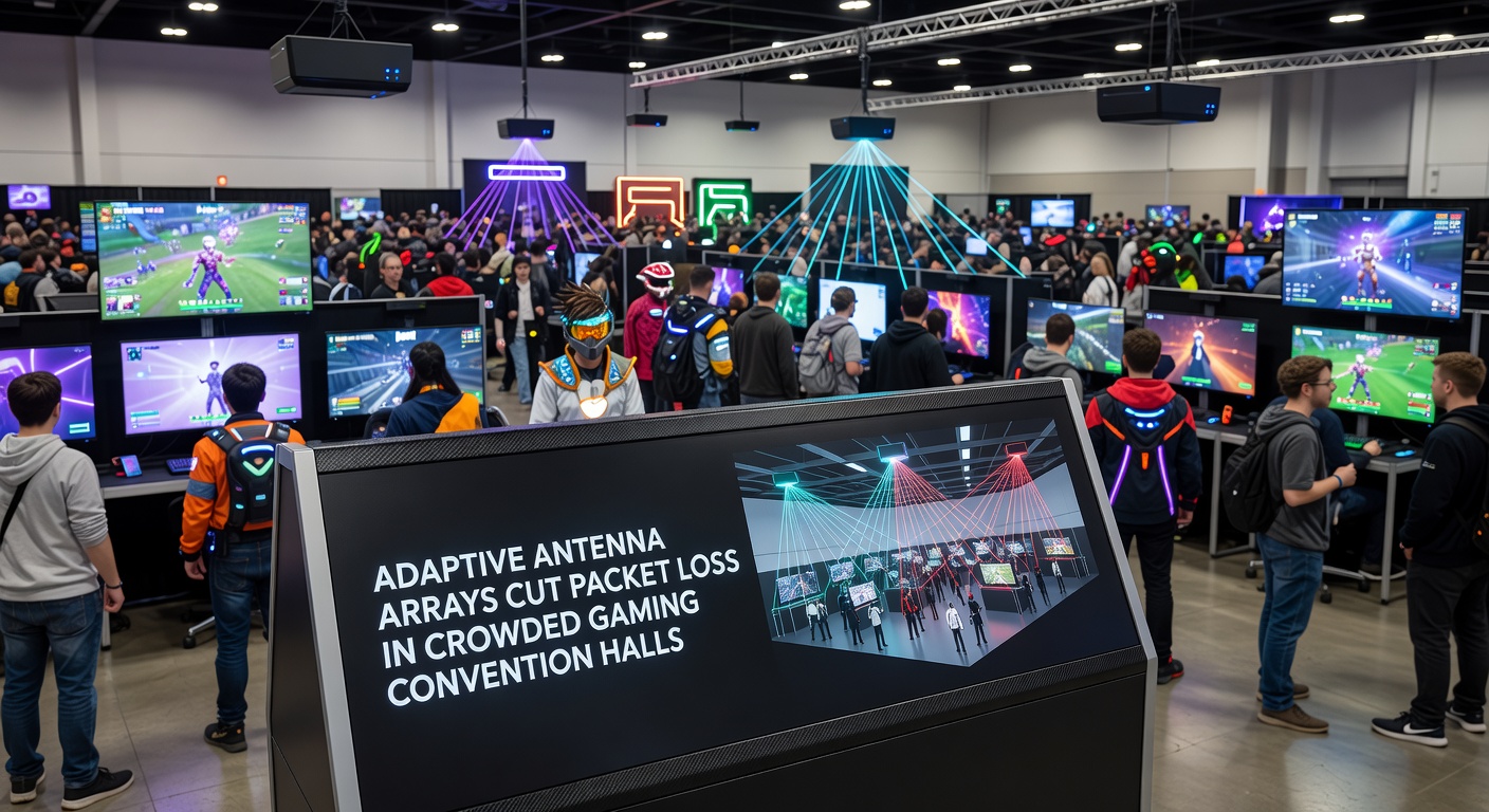 Close-up view of adaptive antenna array hardware mounted on ceiling beams in a gaming hall with signal visualization overlay