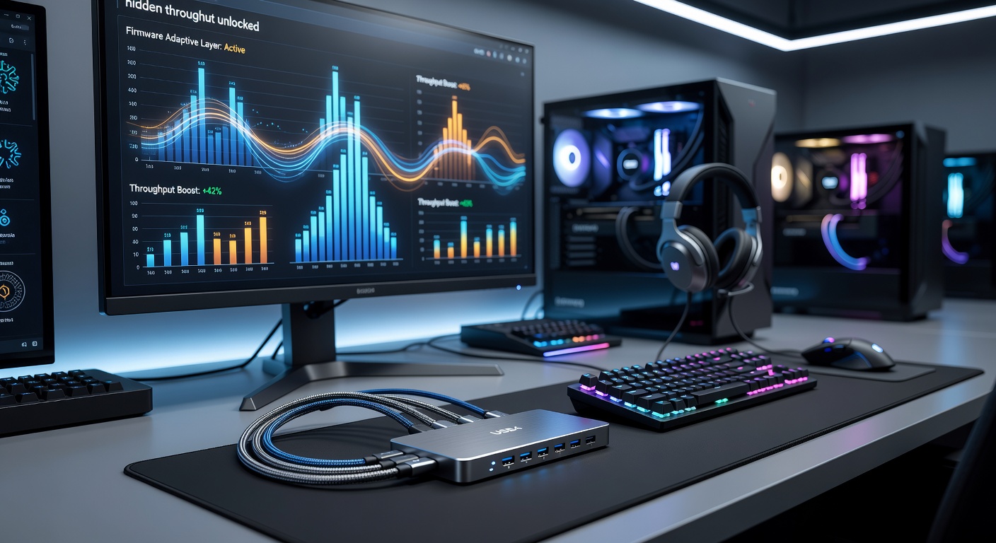 Close-up view of USB4 dock ports handling multiple connections for an esports workstation with high-speed peripherals