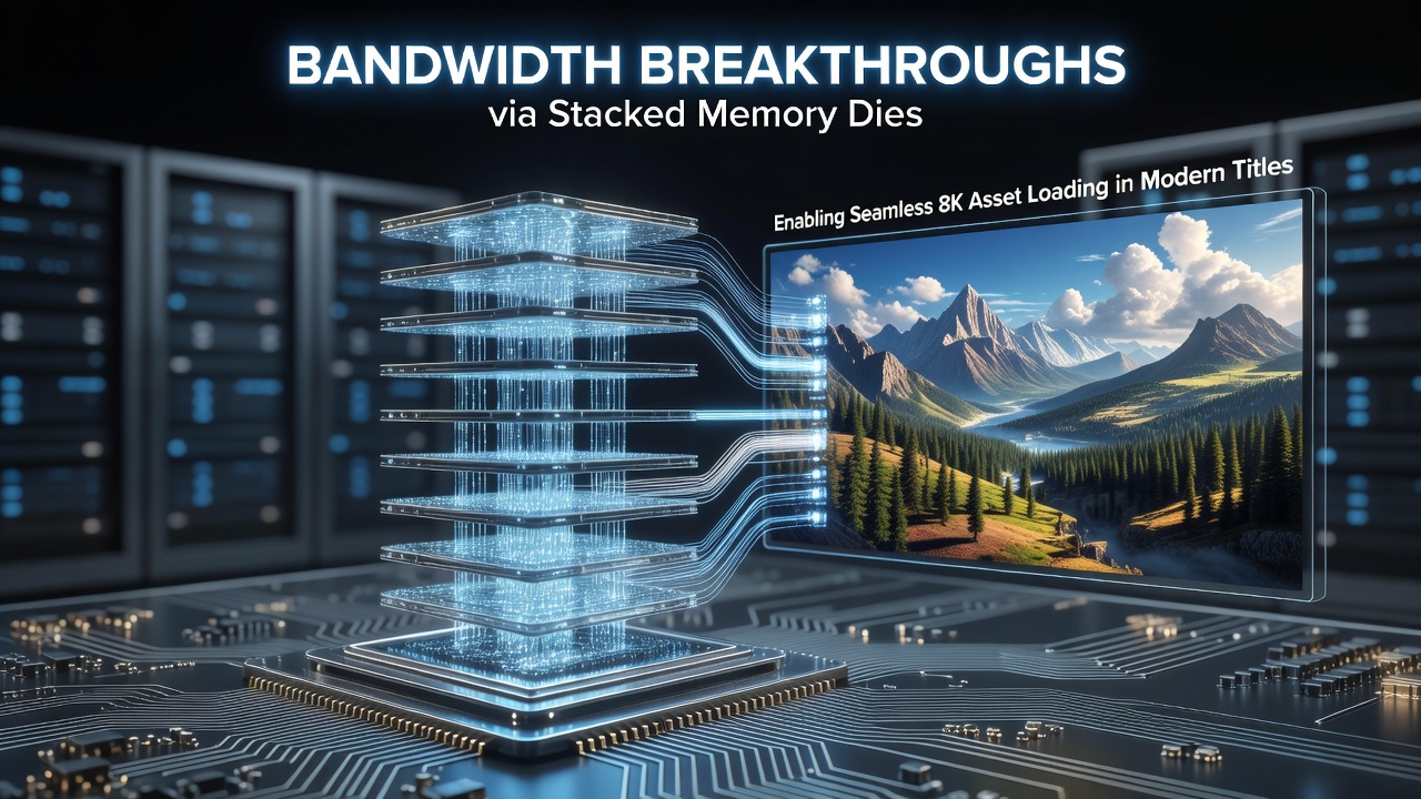 Stacked memory die architecture diagram showing vertical DRAM layers connected to GPU for high-bandwidth 8K texture streaming