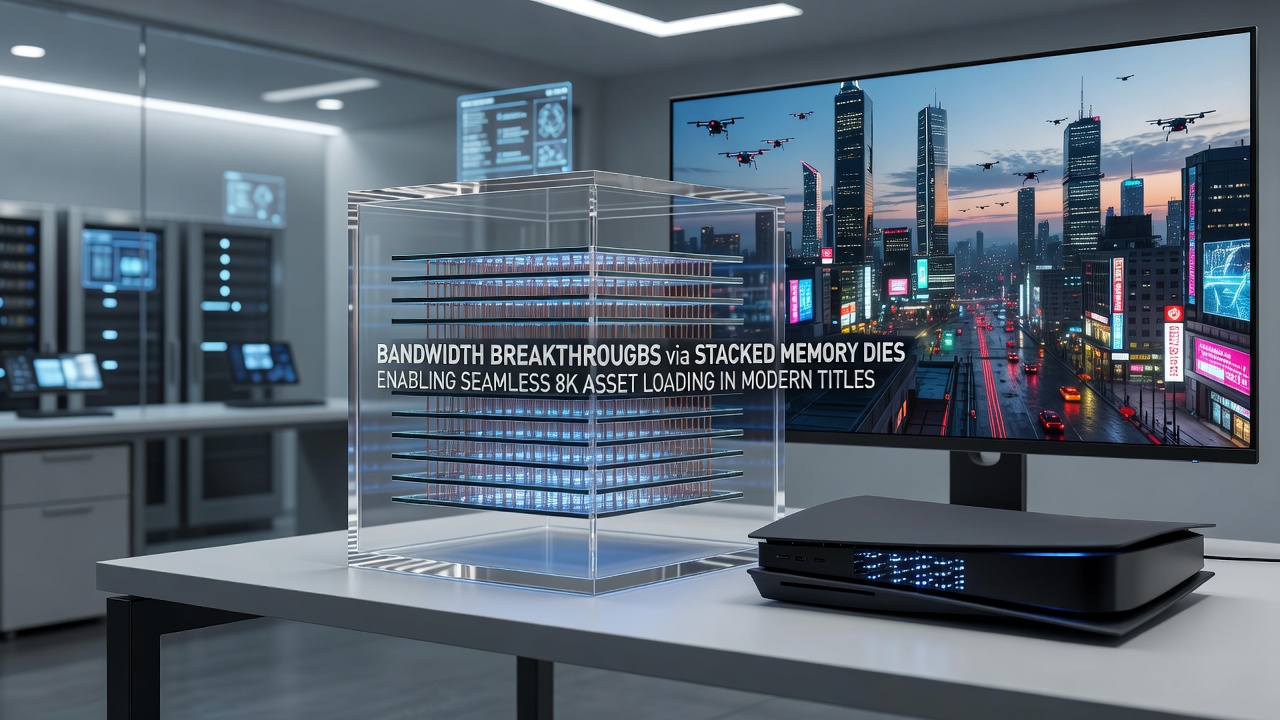 GPU board featuring stacked HBM memory modules enabling fluid 8K asset streaming in contemporary game titles