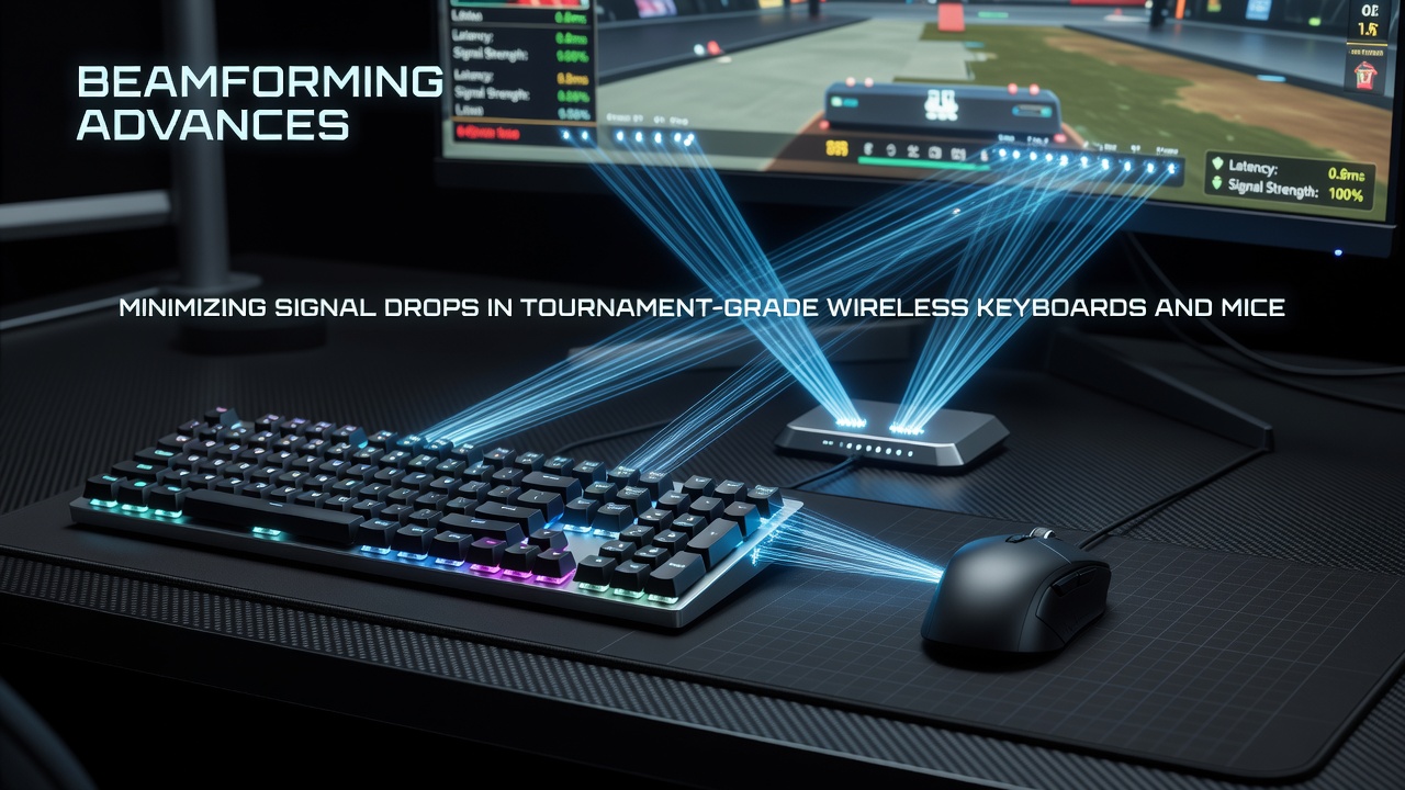 Close-up of a wireless gaming mouse and keyboard using advanced beamforming arrays on a competition desk