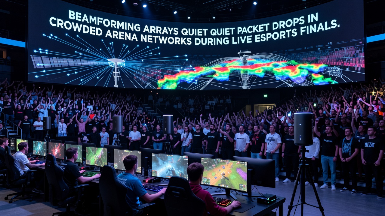 Close-up view of beamforming hardware mounted in arena rafters with signal direction overlays during an esports match