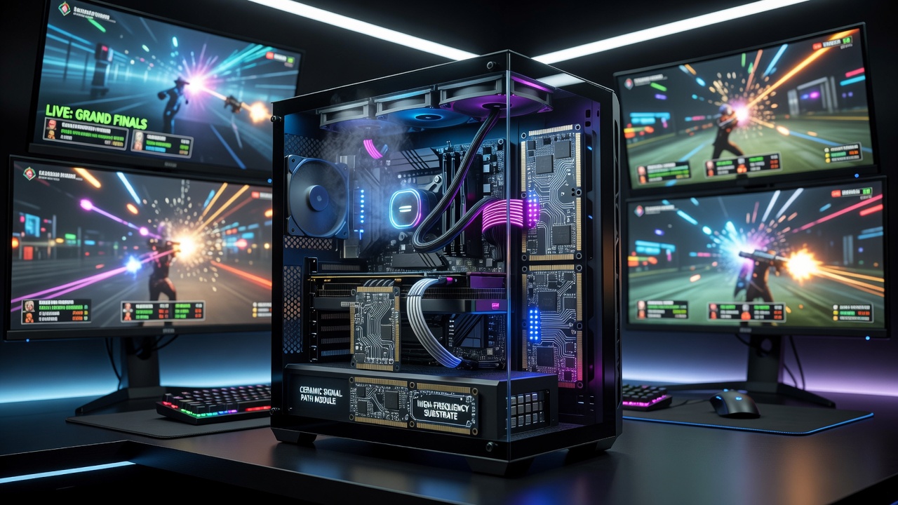 Ceramic substrate circuit board installed in a multi-display esports gaming rig showing signal pathways
