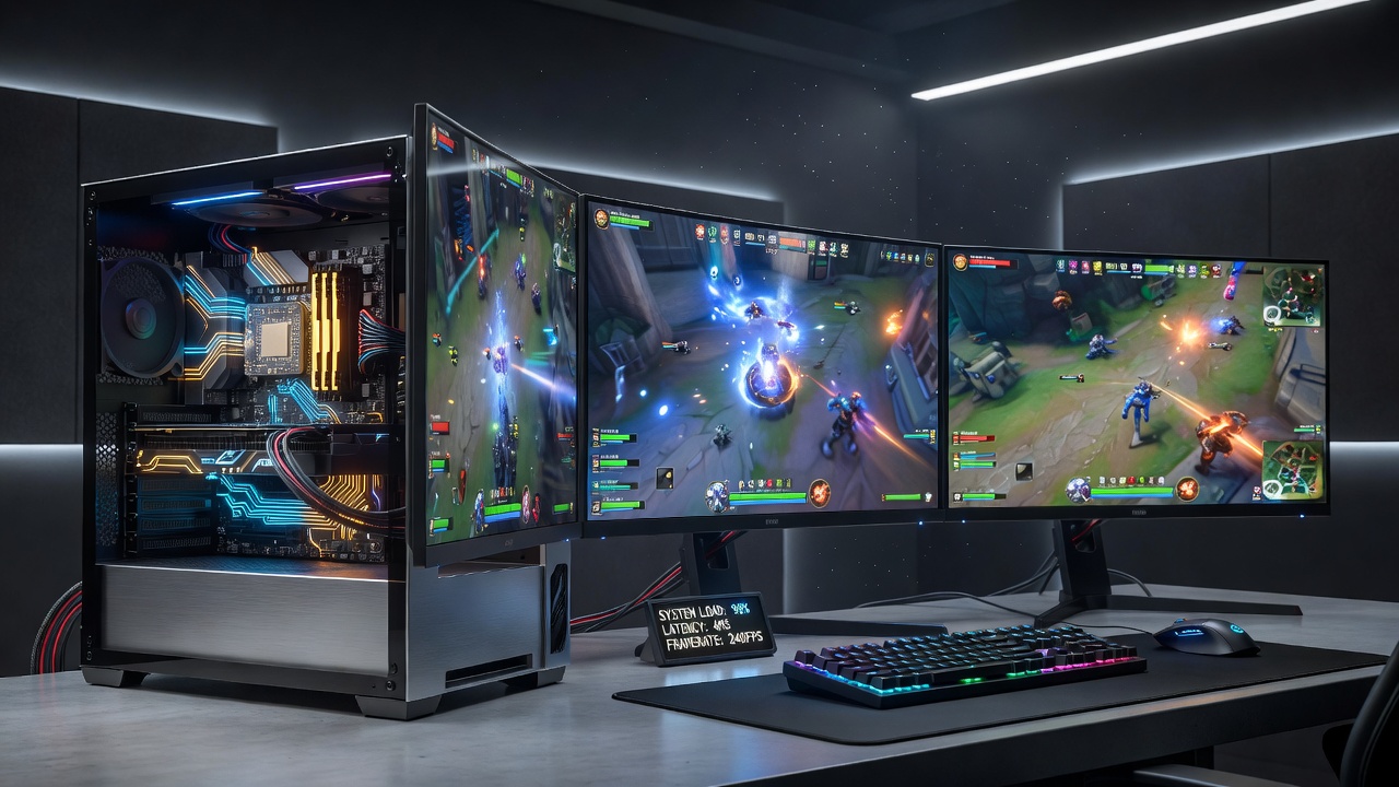 Close-up view of ceramic substrate traces routing multiple high-speed display signals in an esports PC