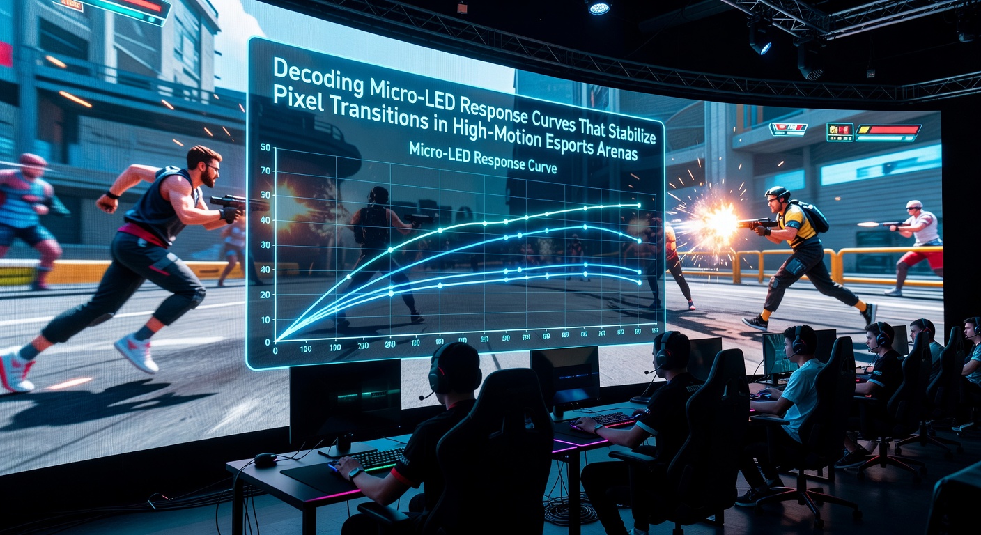 Micro-LED display panels showing response curve graphs overlaid on fast-moving esports gameplay footage from a large arena screen