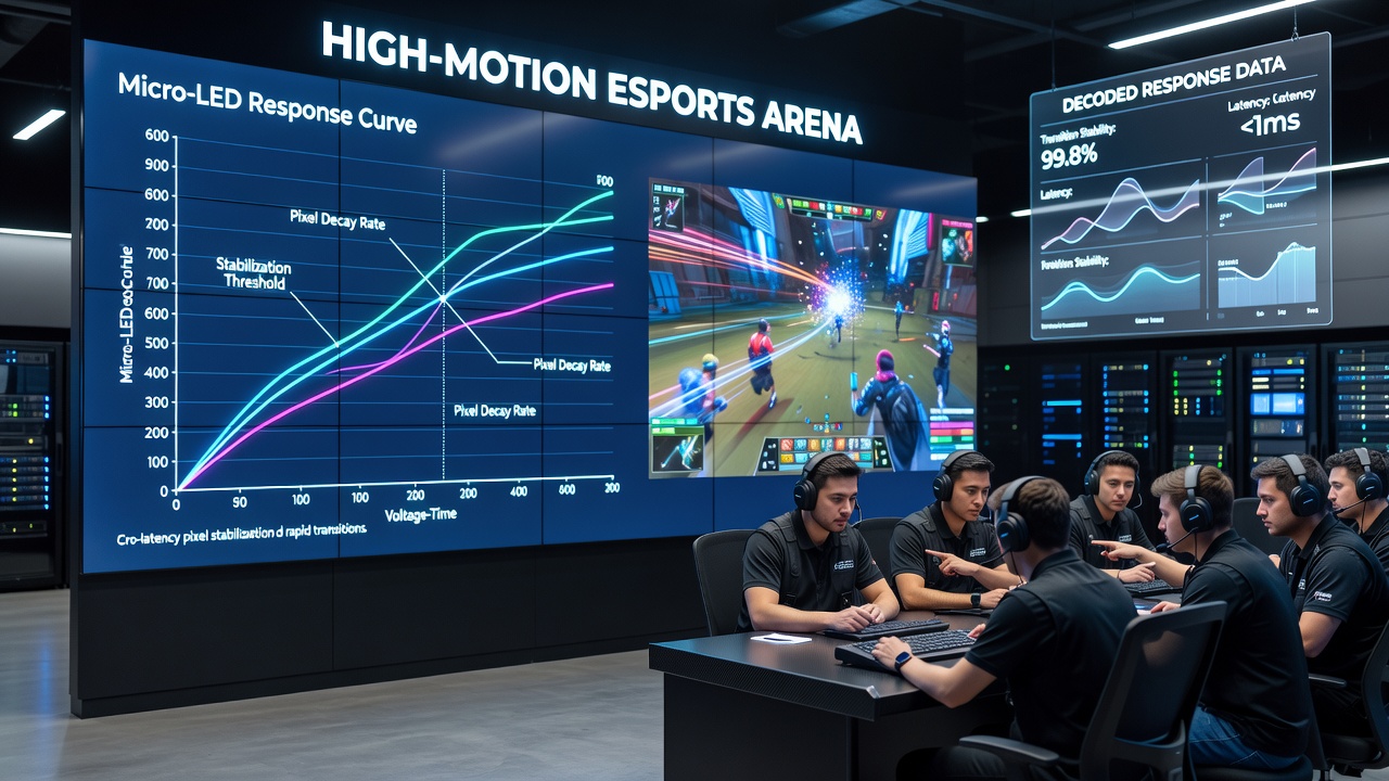Close-up of micro-LED pixel array with overlaid response curve measurements captured during a live esports tournament broadcast