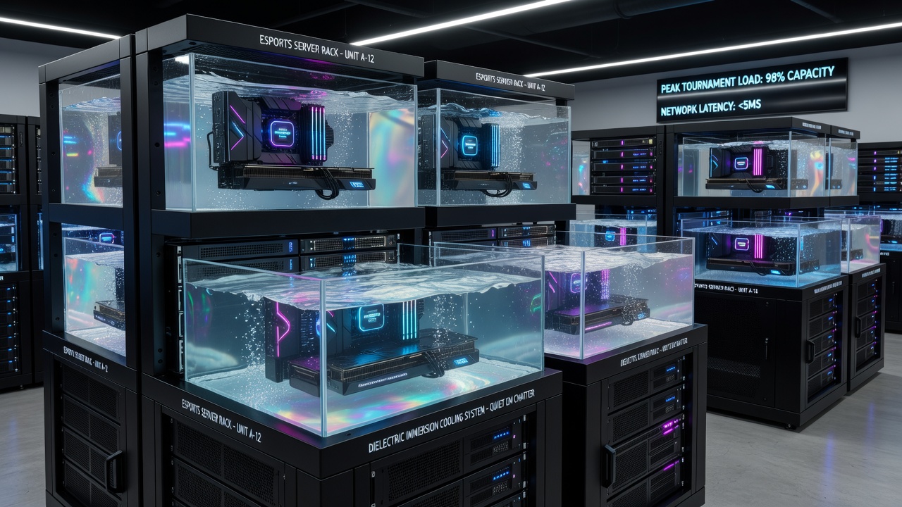 Technicians monitoring dielectric fluid levels and EMI sensors in an active esports server immersion system