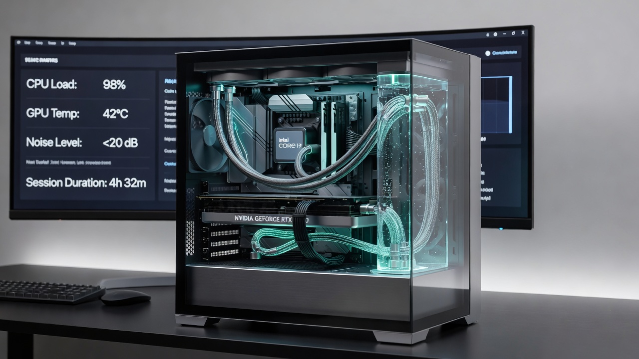 Close-up view of dielectric fluid lines and radiator in a quiet desktop benchmark setup