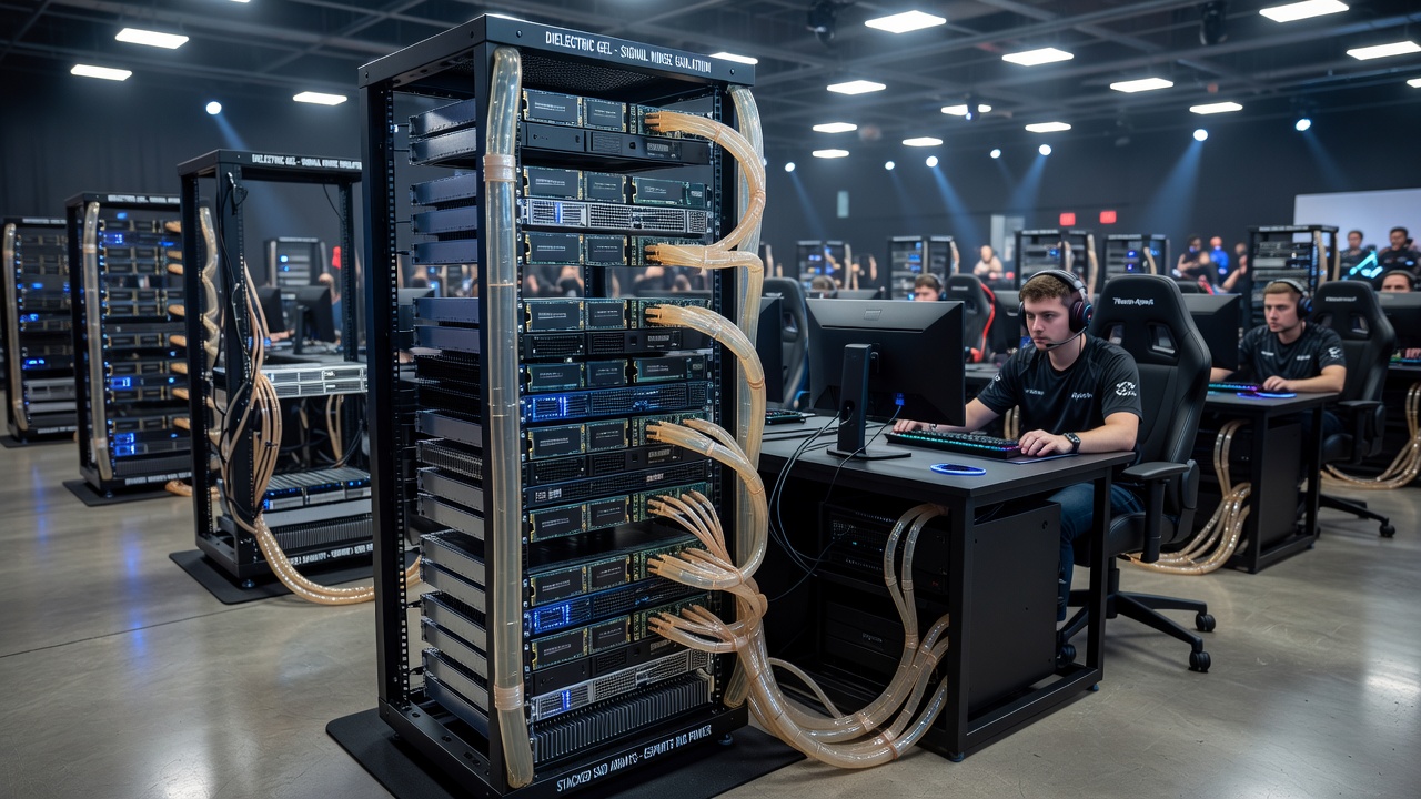 Portable esports rig with stacked SSD arrays using dielectric gel isolation in a tournament setting