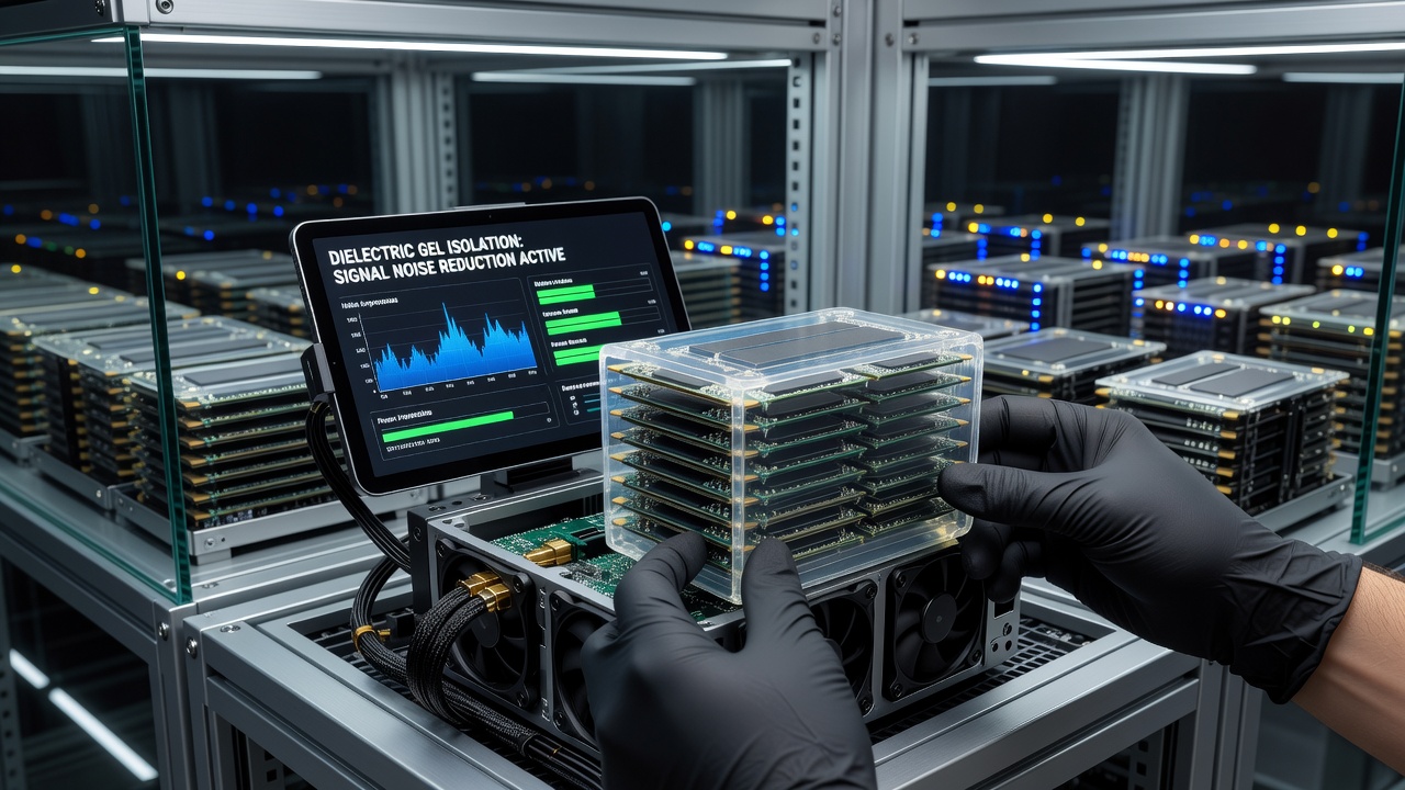 Close-up view of dielectric gel application between stacked SSD modules in an esports rig