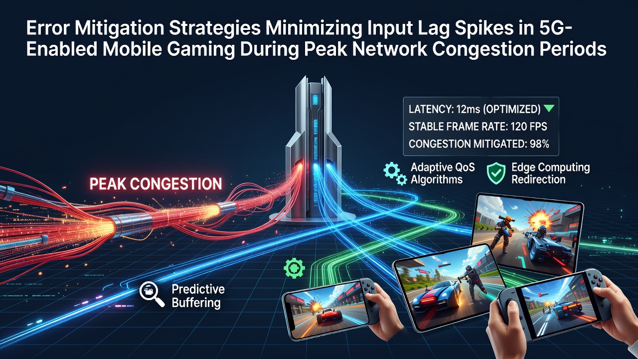 Diagram showing 5G network congestion patterns and error mitigation layers in mobile gaming sessions