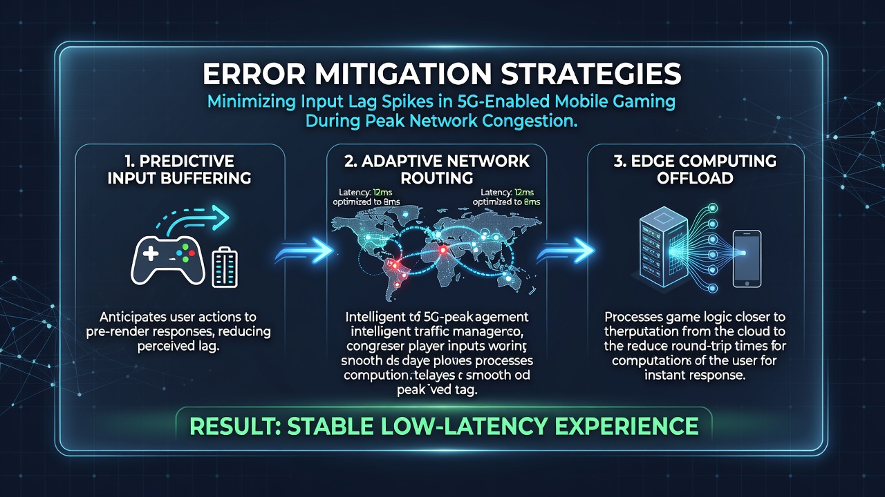 Mobile gaming setup displaying real-time latency graphs during simulated 5G congestion with error correction active