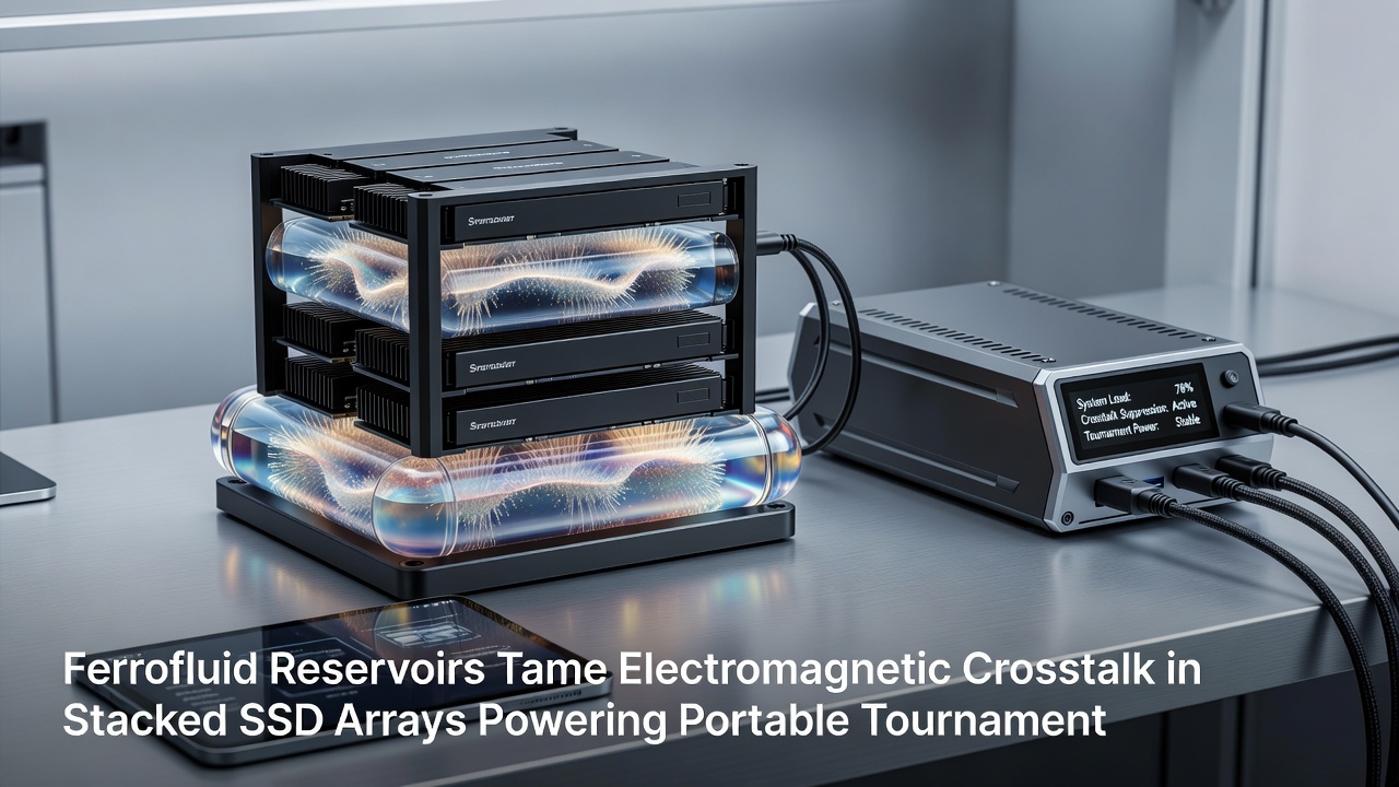 Close-up view of ferrofluid flow patterns within an SSD stack during active tournament use