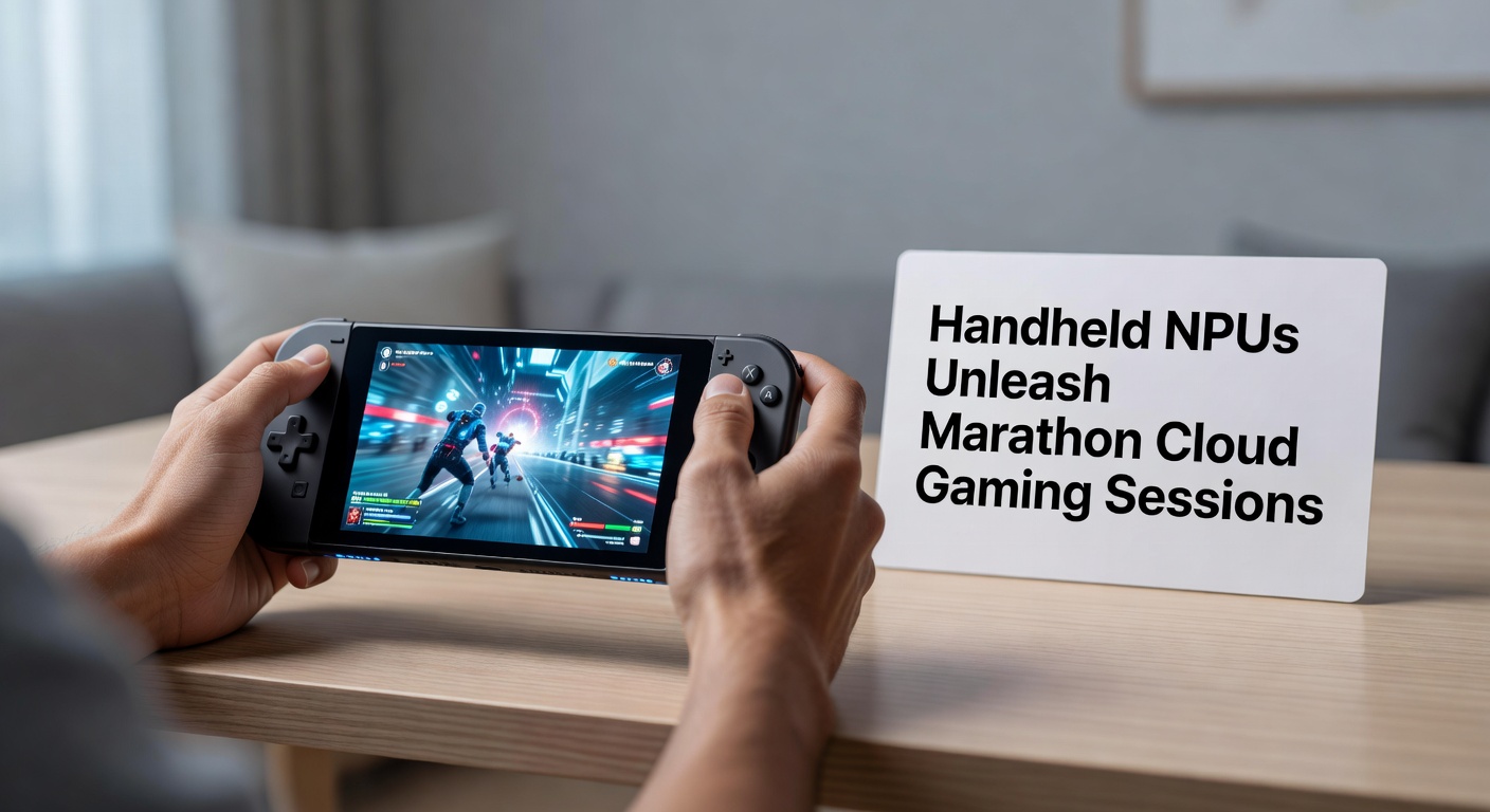Sleek handheld gaming device displaying a high-resolution cloud-streamed game marathon, with NPU efficiency metrics overlaid on screen