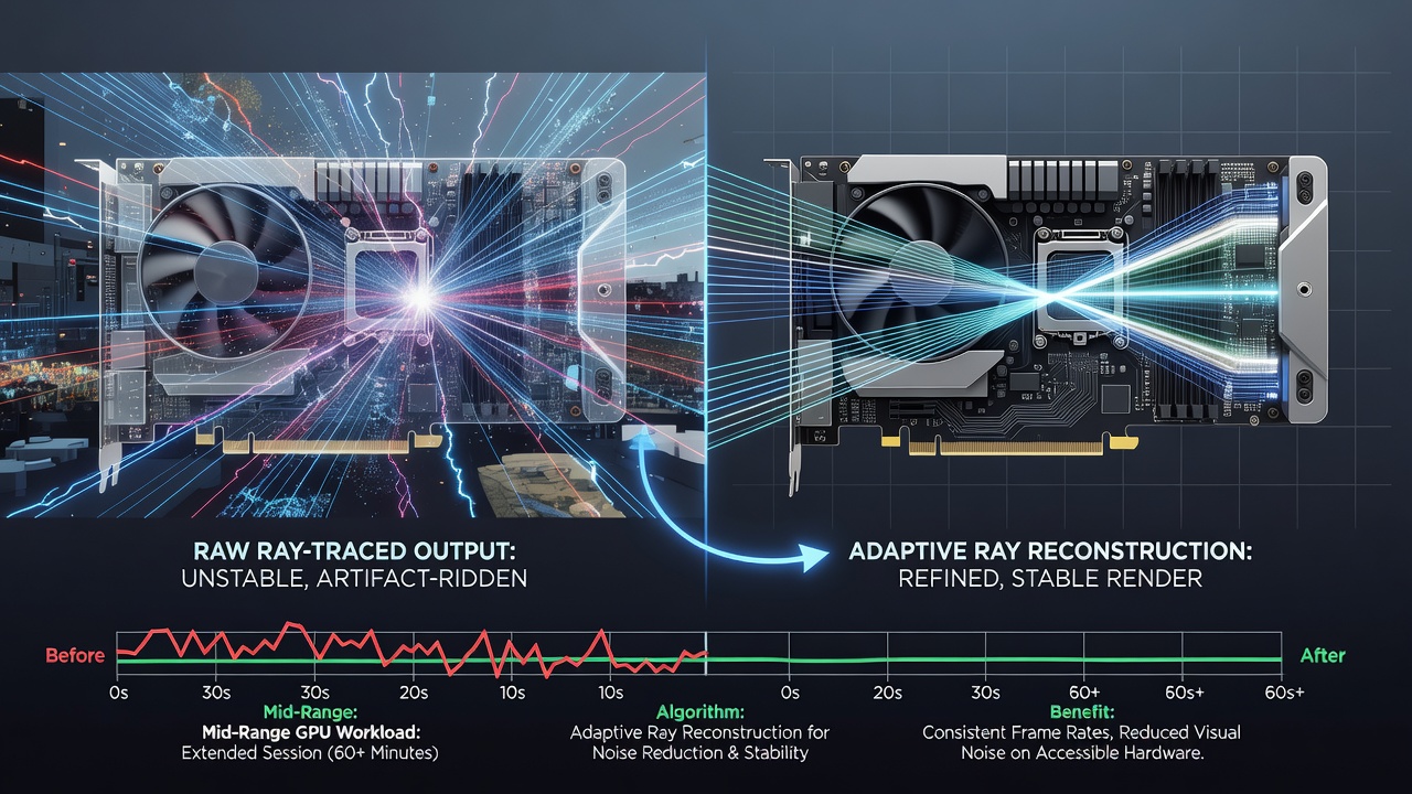 Charts displaying frame stability metrics across extended cloud sessions on mid-range GPUs with reconstruction enabled versus disabled