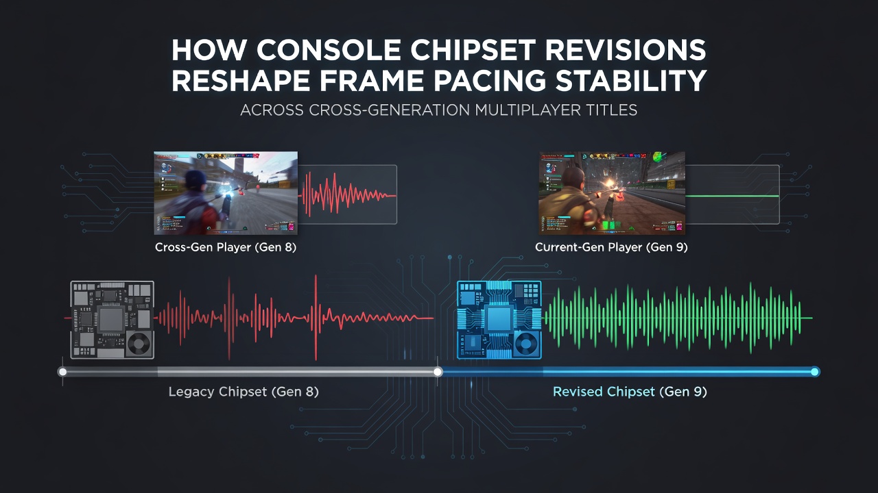 Technicians monitoring frame pacing metrics on mixed-generation consoles during a packed multiplayer tournament