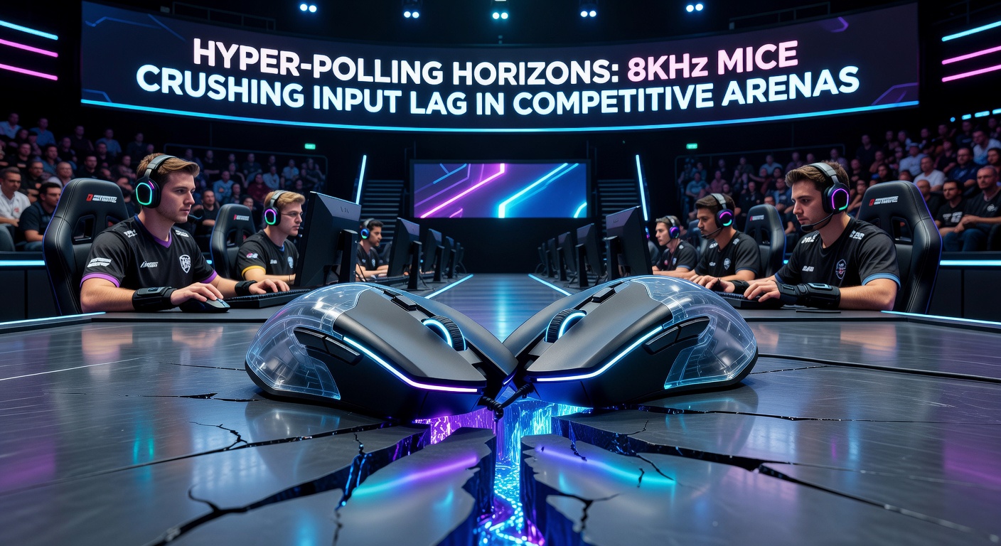 A high-end gaming mouse with illuminated sensors, connected via USB, showcasing hyper-polling technology in action during an esports match
