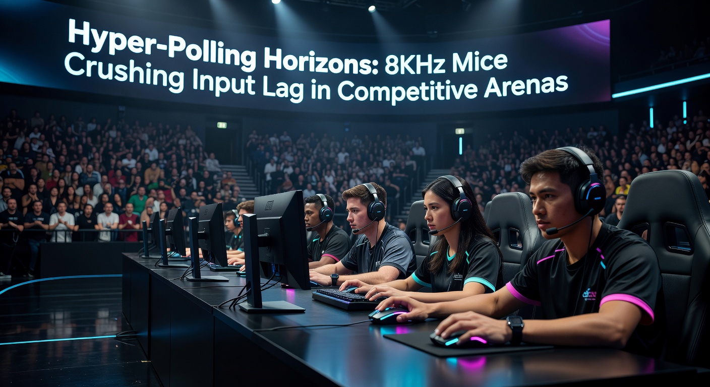 Close-up of an 8KHz gaming mouse in a pro gamer's setup, with polling rate indicator glowing on the software dashboard during a live match