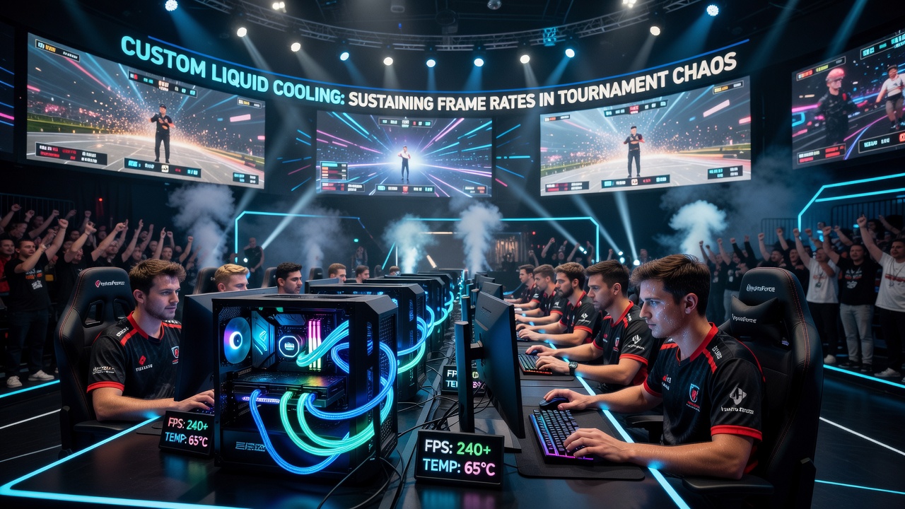 Technicians installing custom liquid cooling loops on gaming rigs ahead of a major esports tournament