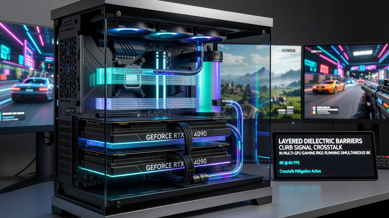 Close-up view of layered dielectric barriers installed between GPUs in a tournament gaming rig