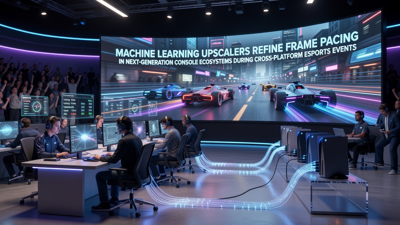 Next-generation console setup displaying machine learning upscaler interface during an esports tournament