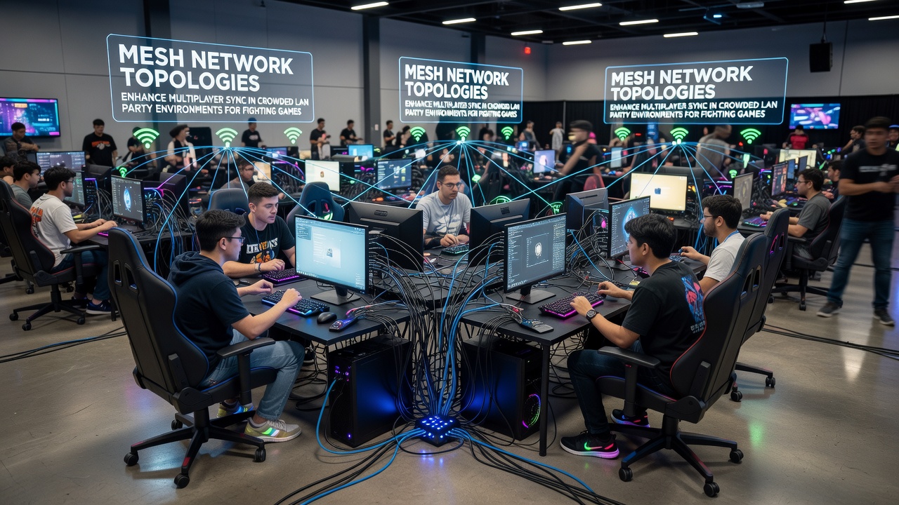 Fighting game players connected via mesh network nodes during a LAN tournament