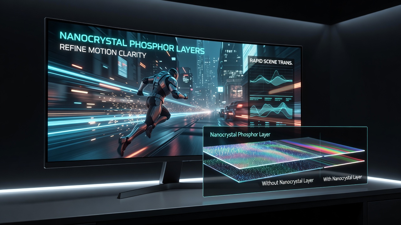 Close up of nanocrystal phosphor coating reducing blur on a gaming monitor during intense action sequences