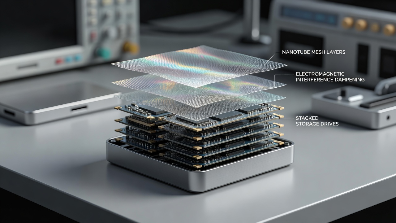 Nanotube mesh layers applied to stacked storage drives in a portable esports rig setup for travel tournaments