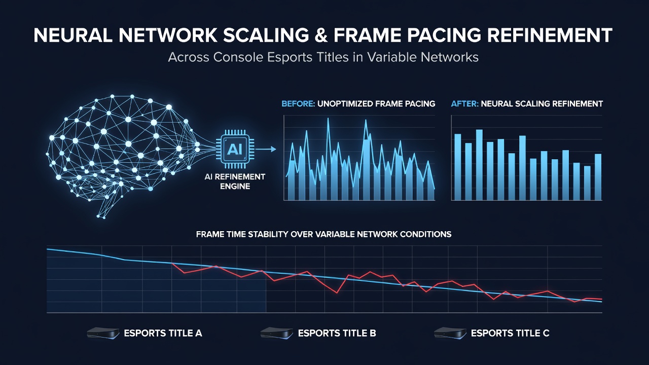 Console esports setup displaying refined frame pacing metrics under simulated network fluctuations