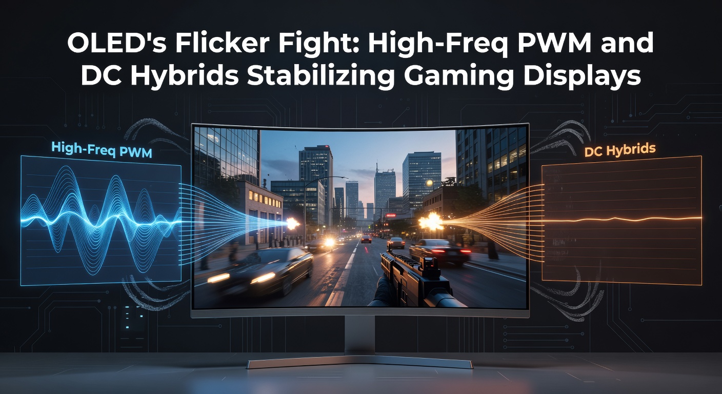 Close-up of an OLED gaming monitor displaying vibrant colors with subtle flicker waveforms overlaid, illustrating PWM modulation patterns