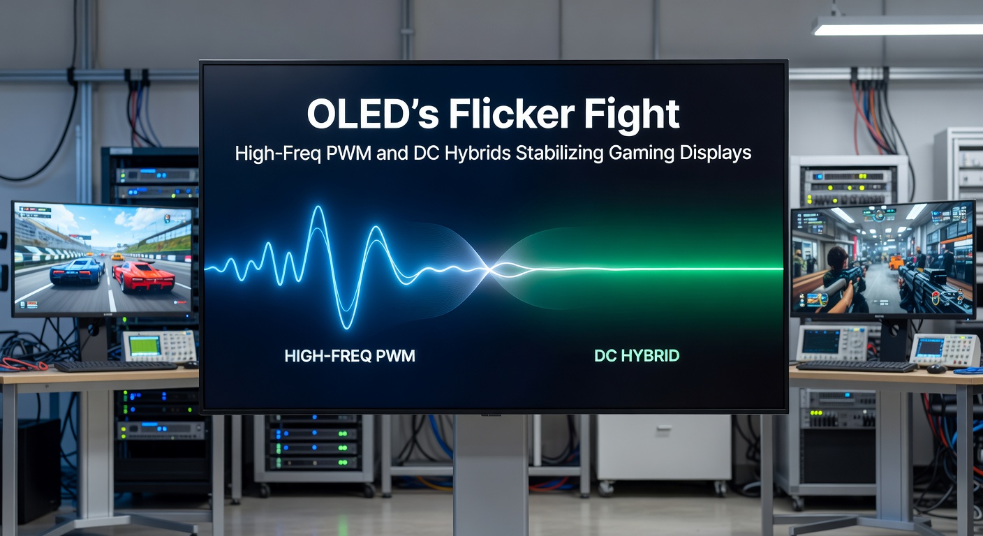 Split-screen comparison of low-frequency PWM flicker on left versus smooth high-frequency PWM and DC hybrid on right, with gaming footage overlay