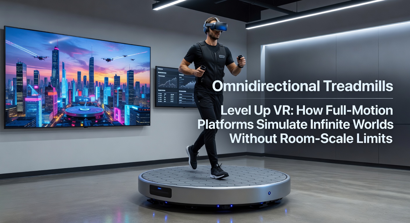 A user steps dynamically on a sleek omnidirectional treadmill platform surrounded by VR headset displays, capturing the essence of boundless virtual movement in a compact setup
