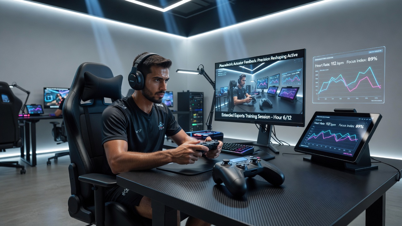 Esports athlete using a controller fitted with piezoelectric actuators during a prolonged training session with performance monitoring equipment