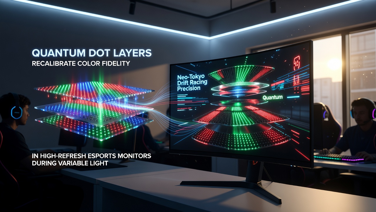 Close-up of quantum dot layer calibration during variable lighting in esports venue