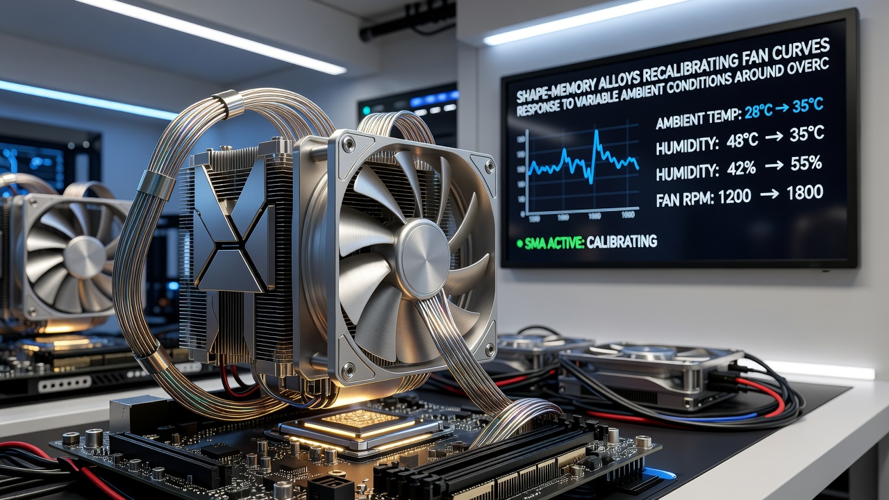 Close-up view of shape-memory alloy wire mechanism linked to a PC case fan assembly