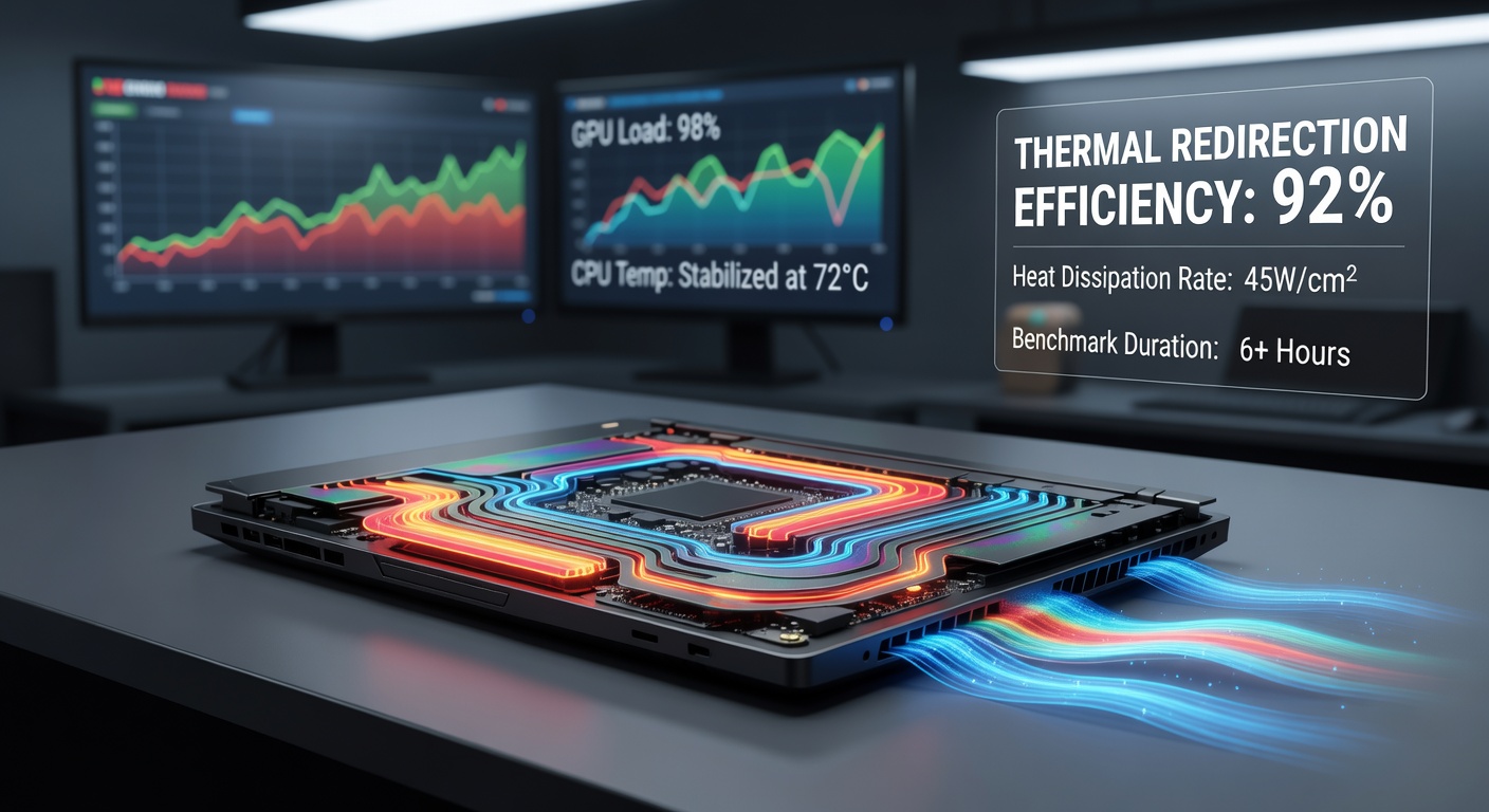 Layered graphite sheets applied to a slim gaming laptop chassis during thermal testing