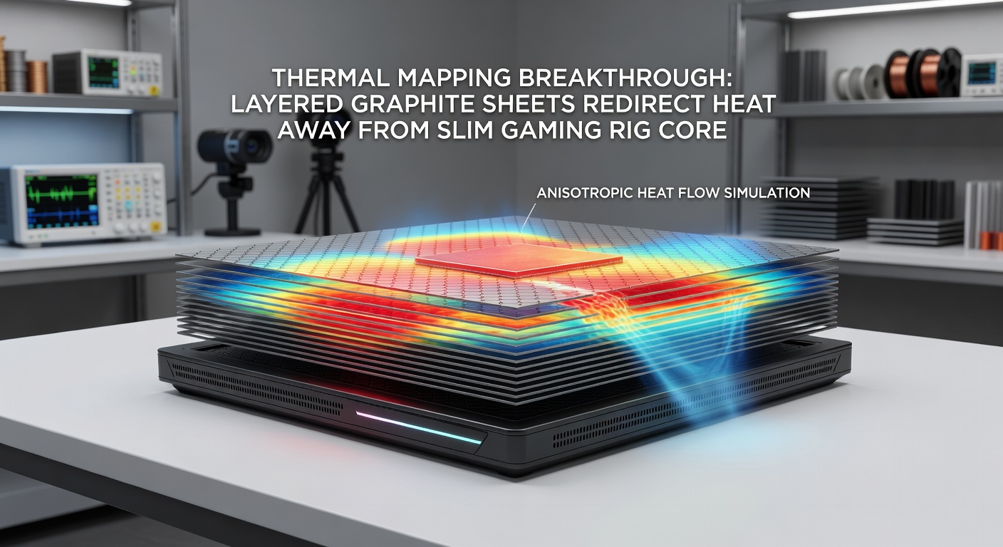Close-up of layered graphite sheet installation showing directional fiber orientation on a gaming laptop motherboard