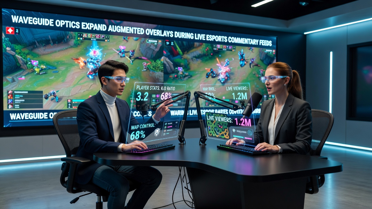 Close-up view of waveguide optics hardware used to project augmented statistics during intense esports tournament commentary sessions